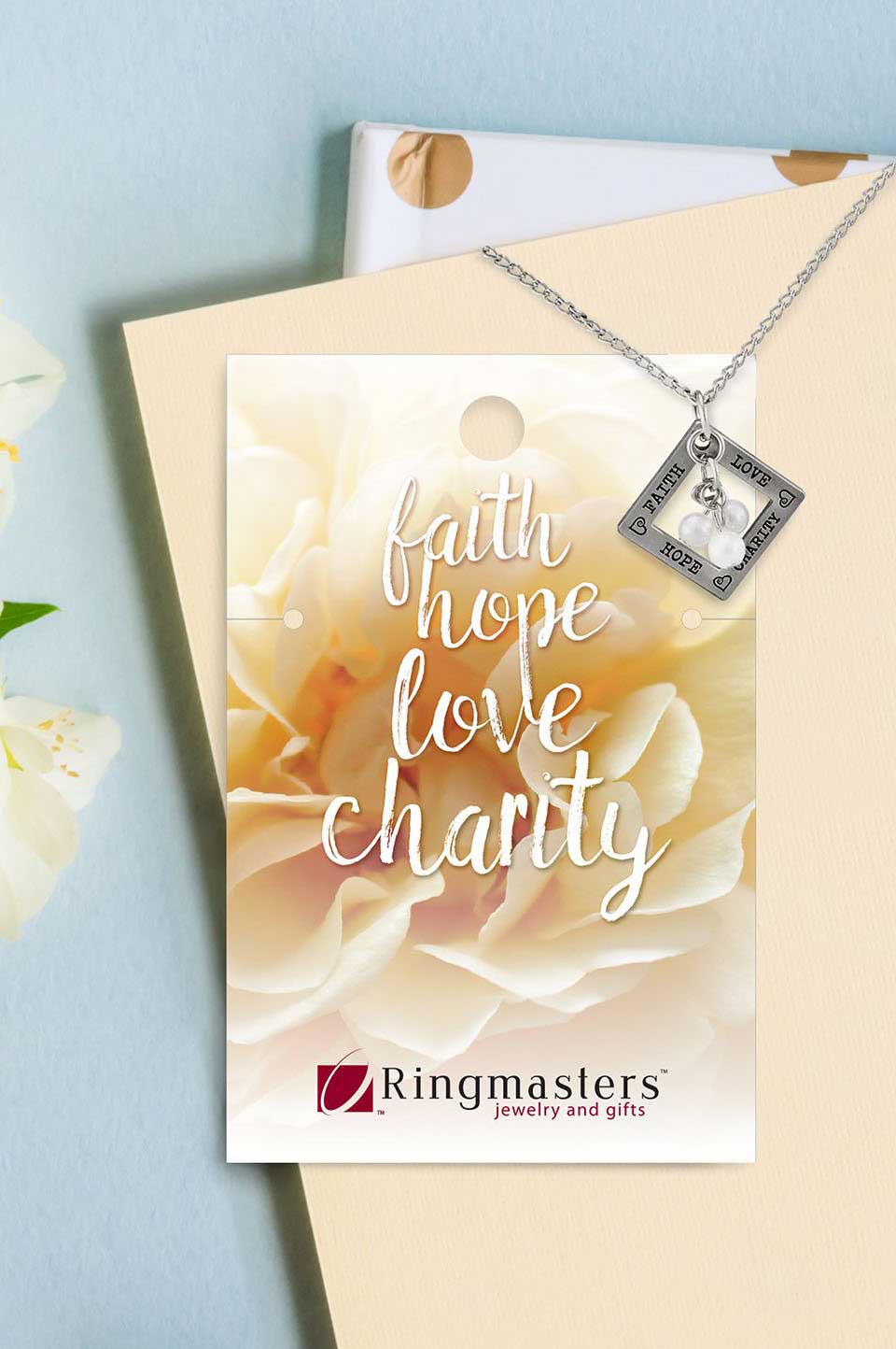 Faith Hope Charity Charm Necklace with Oval Cable Chain - 14K Yellow Gold  16-20in | GoldenMine.com
